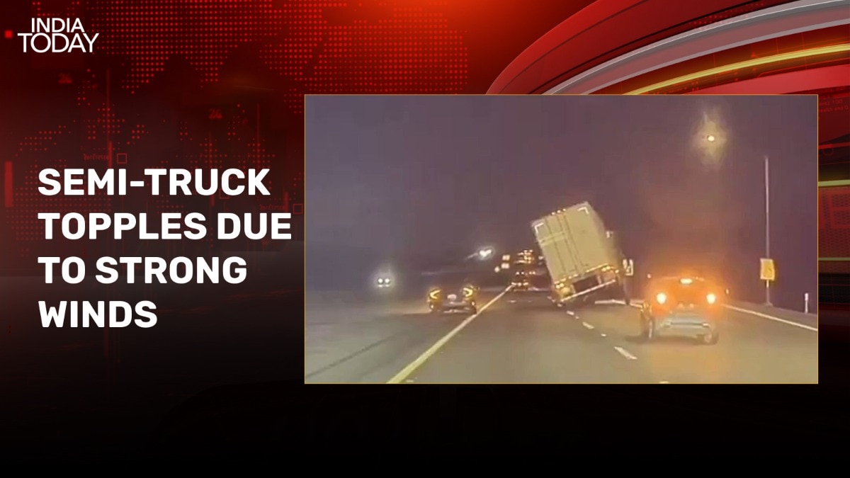 California truck topples on interstate highway due to strong winds of atmospheric river in west sacramento