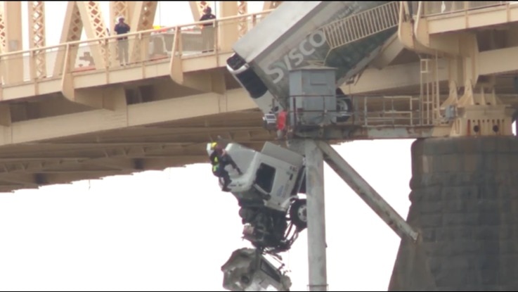 You are currently viewing Crash leaves truck dangling over bridge in US, driver pulled to safety