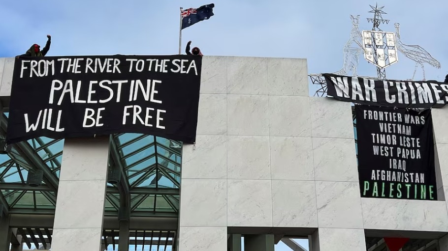 4 pro-Palestine protesters scale Australian Parliament’s roof, hang banners, arrested