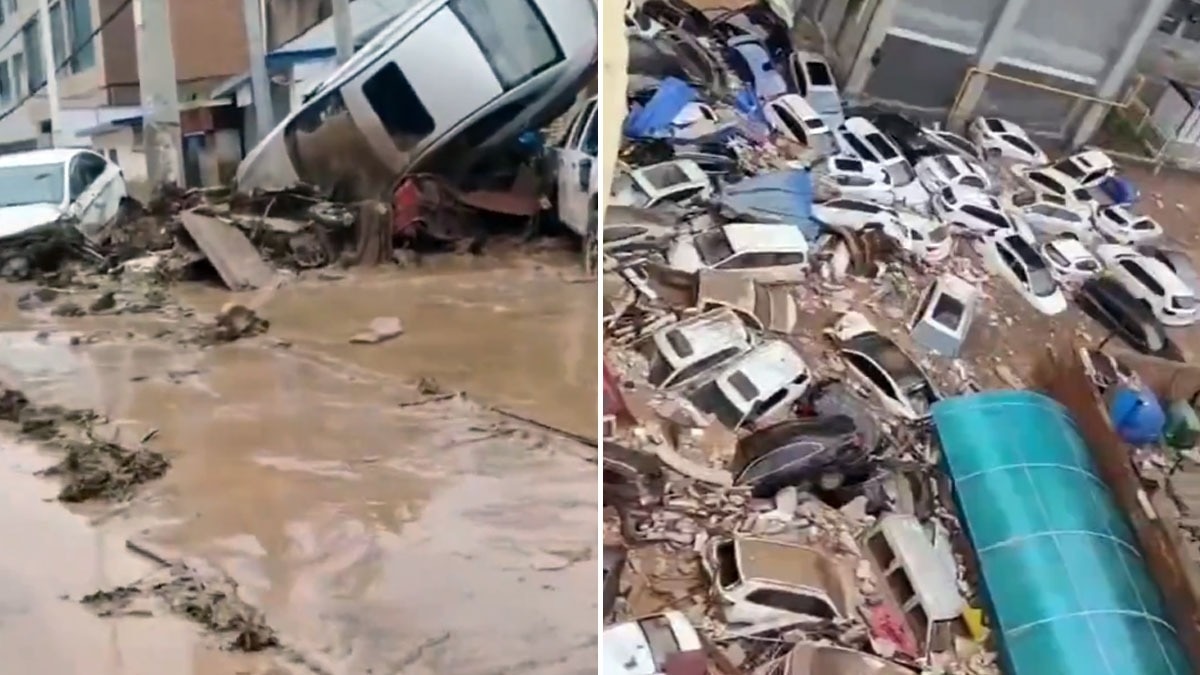 Flash floods in China turn parking areas into graveyards of cars