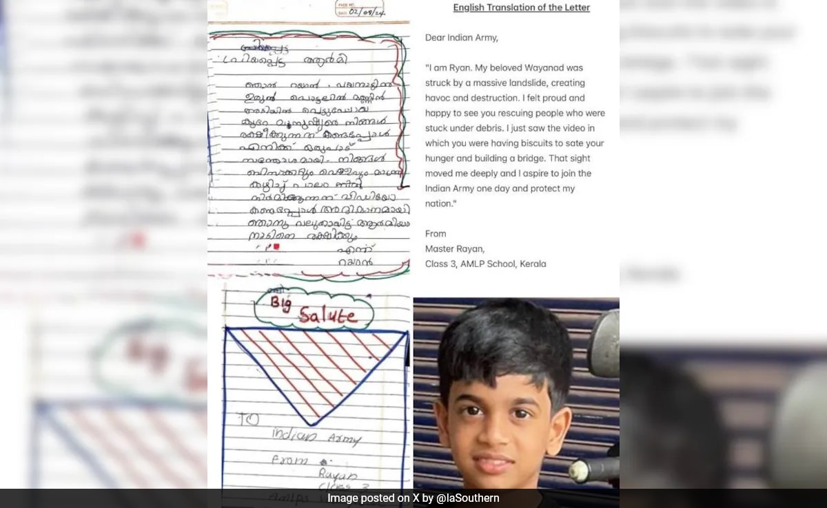 "Dear Indian Army..": Class 3 Student's Heartwarming Letter On Wayanad