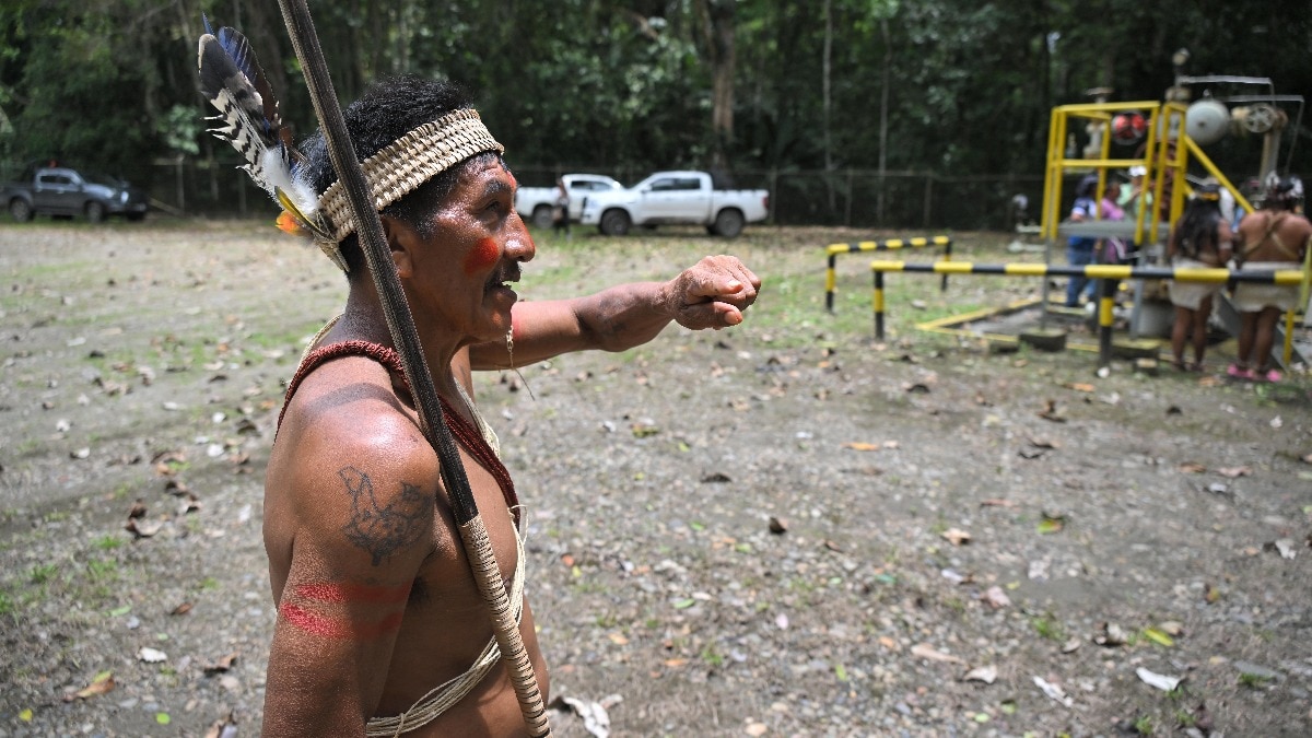 Ecuador indigenous Waorani people protest oil spills in Amazon forest