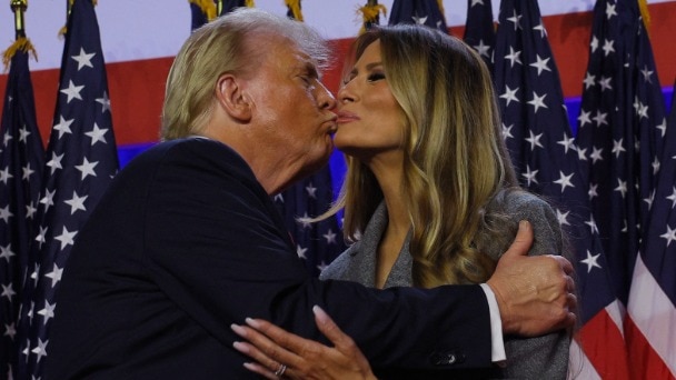 US election results Donald Trump thanks wife Melania with a hug and kiss at Florida victory rally