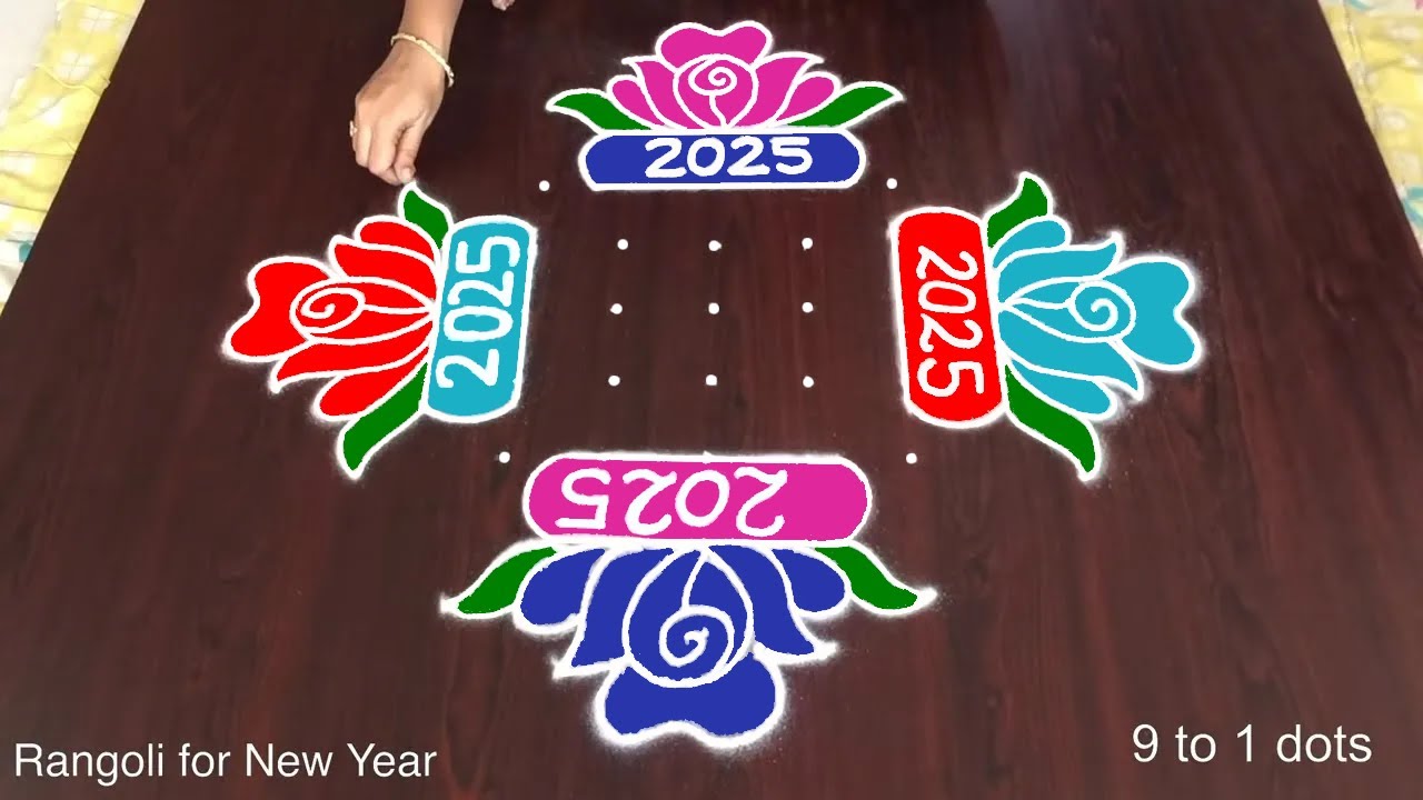 Newyear Kolam | 9 Dots Rangoli With Colour | Flower Muggulu Designs